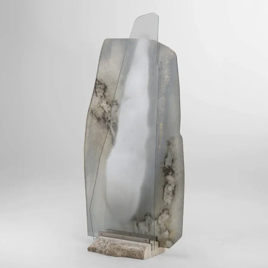 Distinguished Arte Veneziana Adriano mirror with extra-clear, partially silvered glass and travertine marble base crafted in satin-finish steel