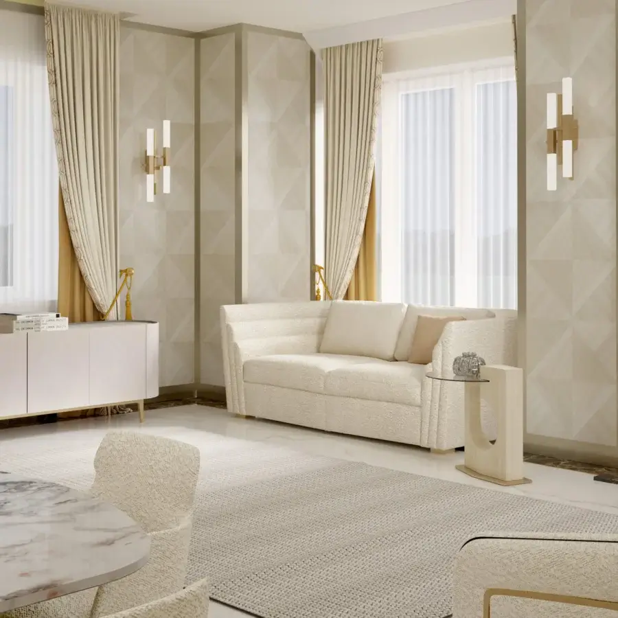 Refined Carpanelli Theater sofa with cream textured fabric upholstery and subtle gold-toned metal base