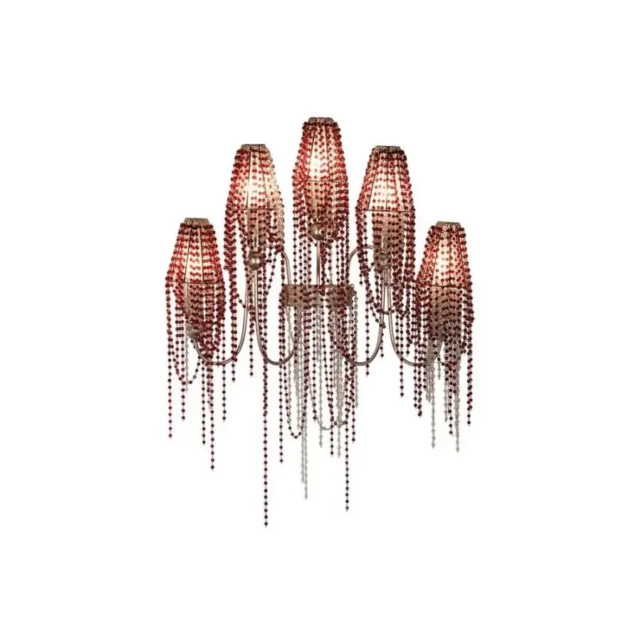 Distinguished Patrizia Garganti Burlesque wall lamp with cascading red beads crafted in polished metal for a luminous effect