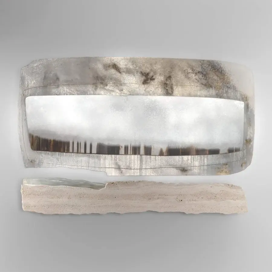 Exceptional Arte Veneziana Tivoli mirror built with extra-clear baked glass, travertine marble, and mixed Fondale finish featuring integrated backlighting