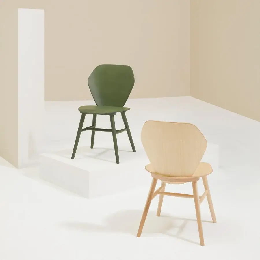 Distinguished Billiani Edelweiss dining chair crafted in olive-green plywood with a full, gently arched backrest and subtly splayed legs