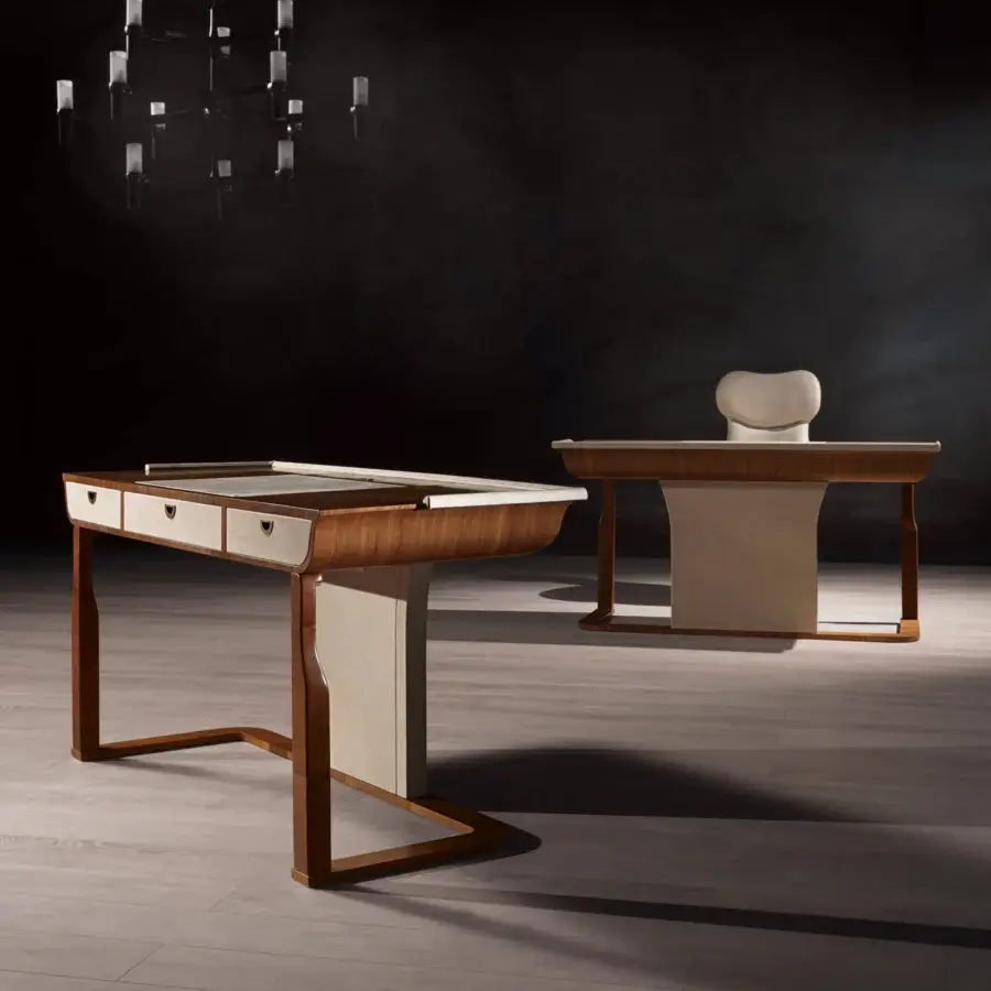 Refined Carpanelli Desyo desk crafted in warm brown wood with satin finish and beige paneling