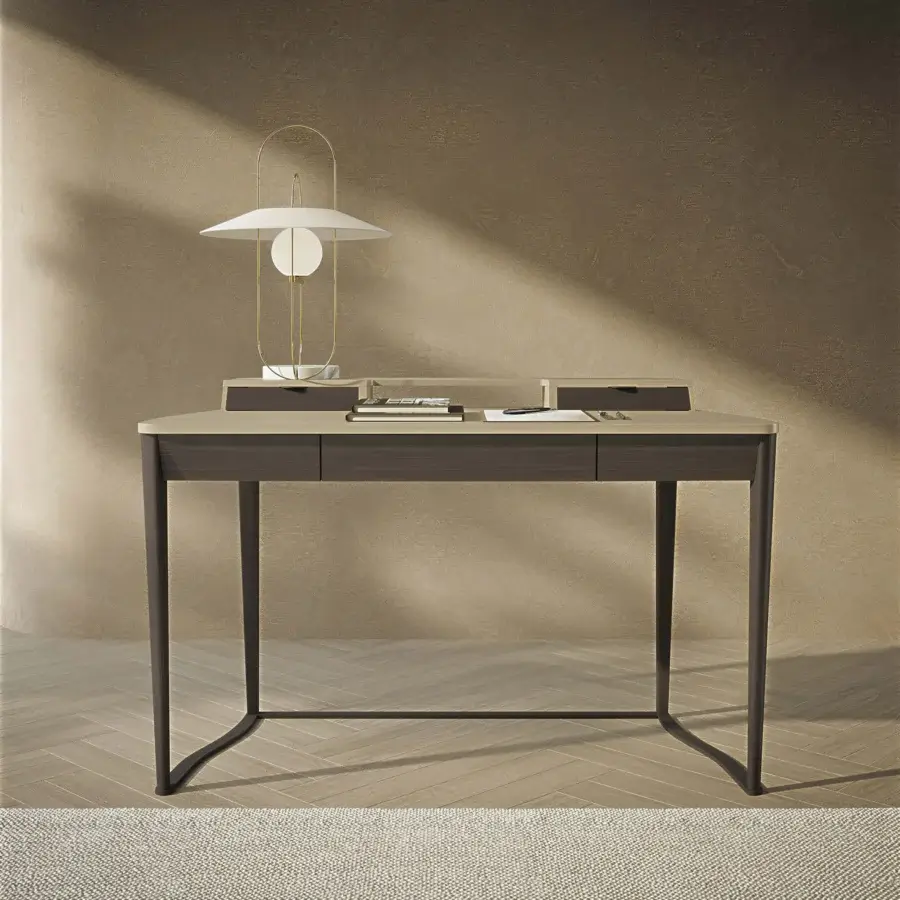 Refined Carpanelli Pegaso desk crafted with fine walnut wood and a curved metal base in a grayish-brown finish