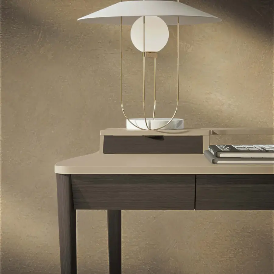 Distinguished Carpanelli Pegaso desk crafted in walnut wood with neutral beige and darker brown accents, showcasing a satin finish