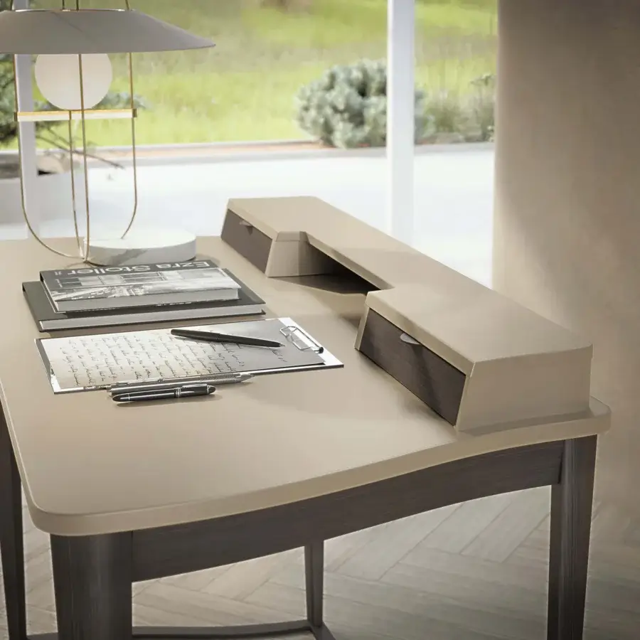 Refined Carpanelli Pegaso desk crafted in walnut wood with a matte beige tone and subtle darker accents