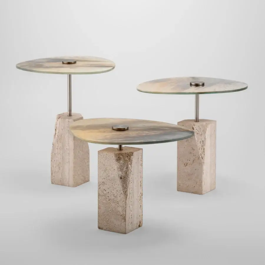 Distinguished Arte Veneziana Rascino side table with extra-clear baked glass displaying a mixed Fondale finish and refined travertine marble base
