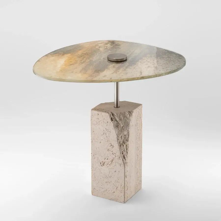 Exceptional Arte Veneziana Rascino side table with extra-clear baked glass displaying amber and ochre tones, built with natural travertine marble and satin steel