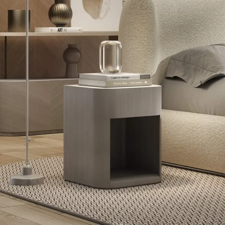 Distinguished Carpanelli Alma nightstand with warm walnut wood construction and refined travertine marble top