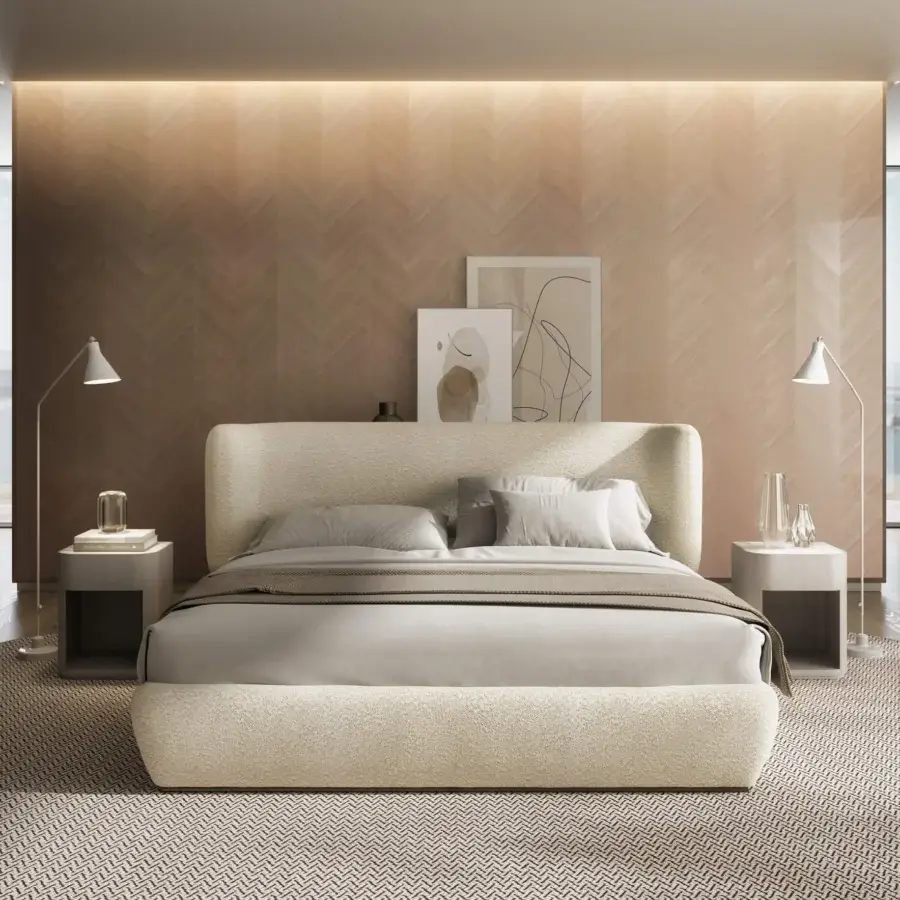 Distinguished Carpanelli Alma nightstand built with walnut wood, travertine marble top, and soft-close drawer in a muted gray-brown tone