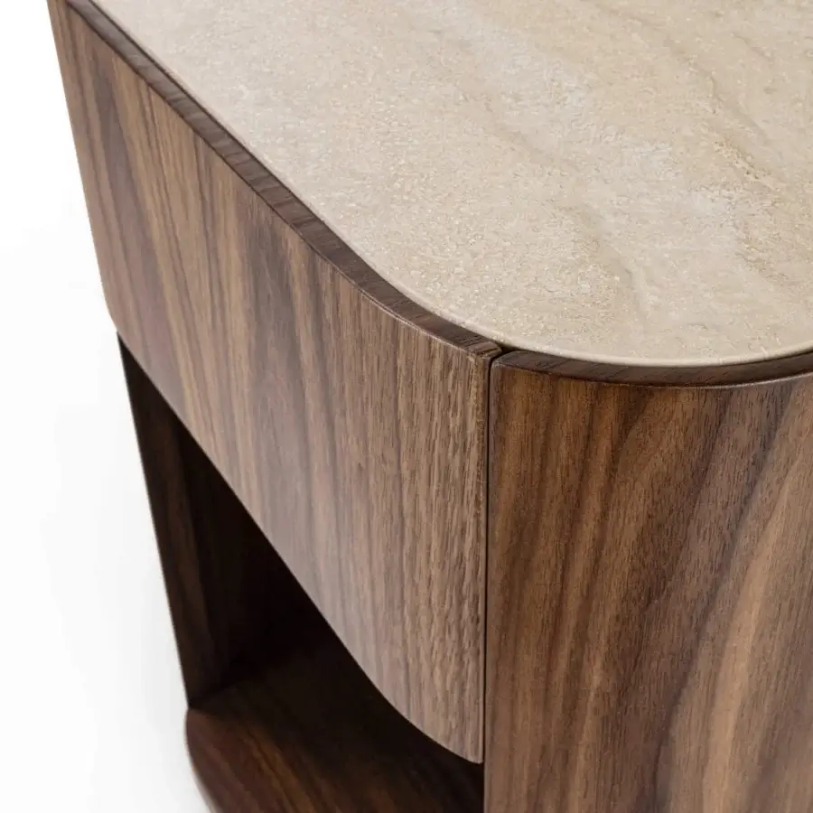 Elegant Carpanelli Alma nightstand built with warm walnut wood, travertine marble top, and satin finish
