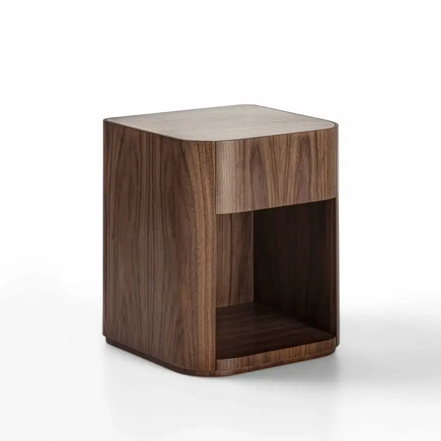 Exceptional Carpanelli Alma nightstand crafted in warm walnut wood with a refined travertine marble top