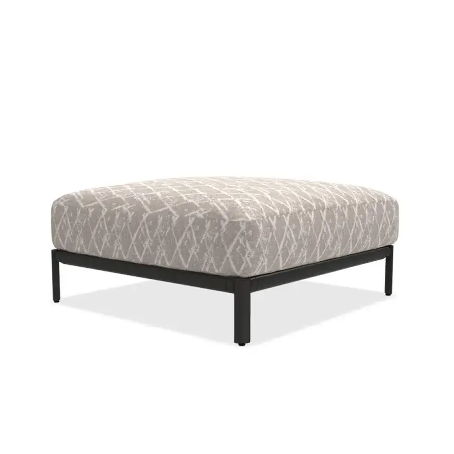 Distinguished Giorgetti Aldìa ottoman with waterproof patterned fabric upholstery and a matte dark painted metal base