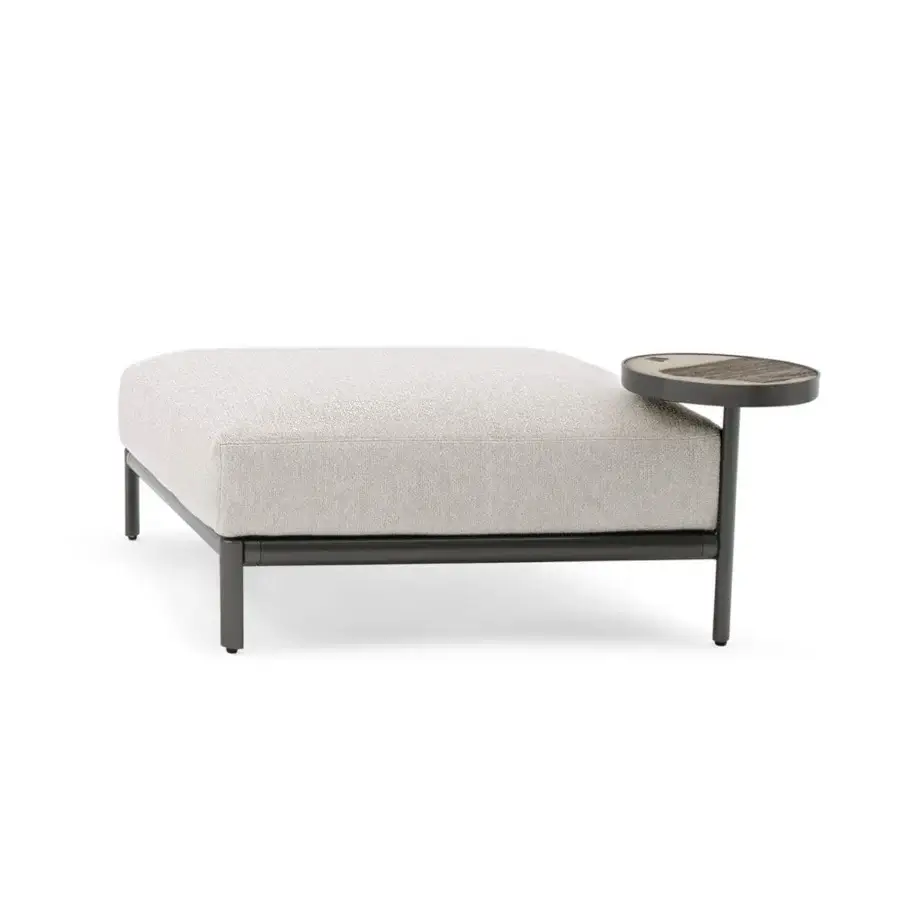 Elegant Giorgetti Aldìa ottoman with a painted metal frame and waterproof beige cushion, crafted in Italy with a round Palladiana tabletop
