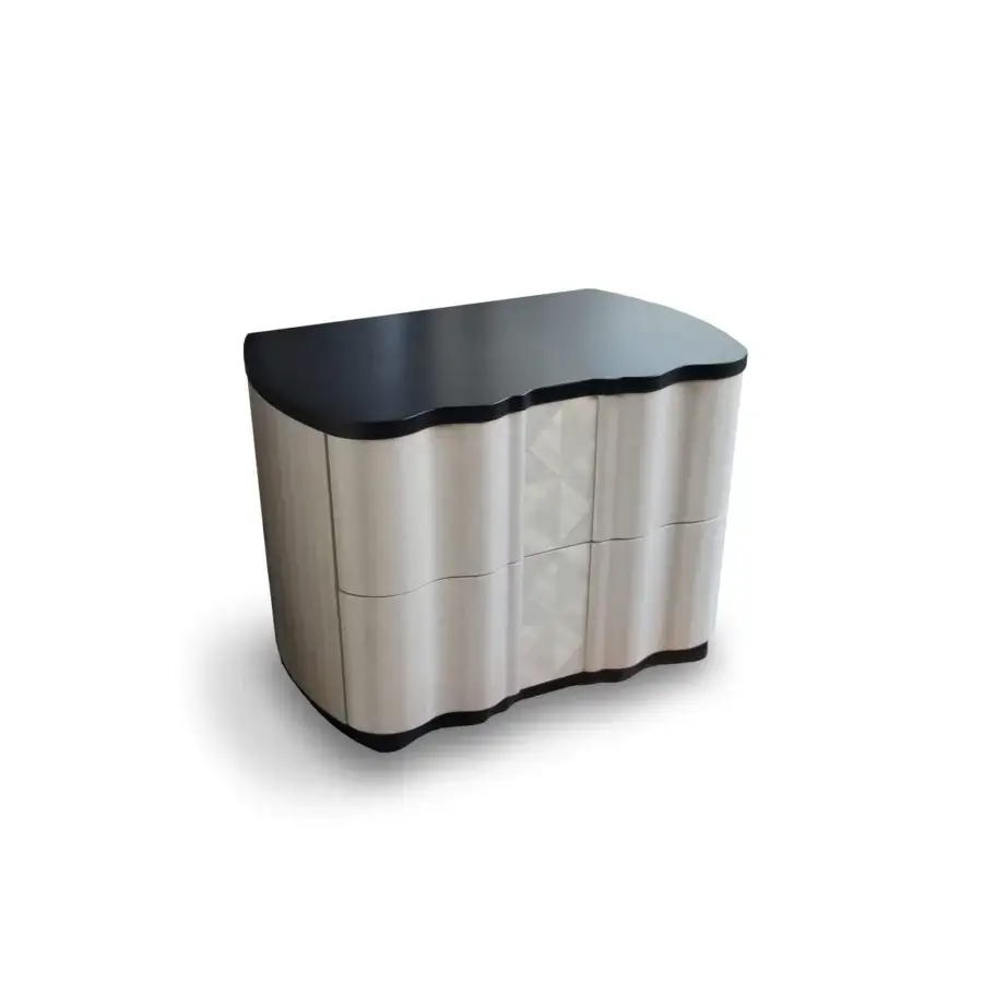 Distinguished Carpanelli Mistral nightstand crafted in wood with a neutral beige finish and glossy dark gray tabletop featuring subtle indentations