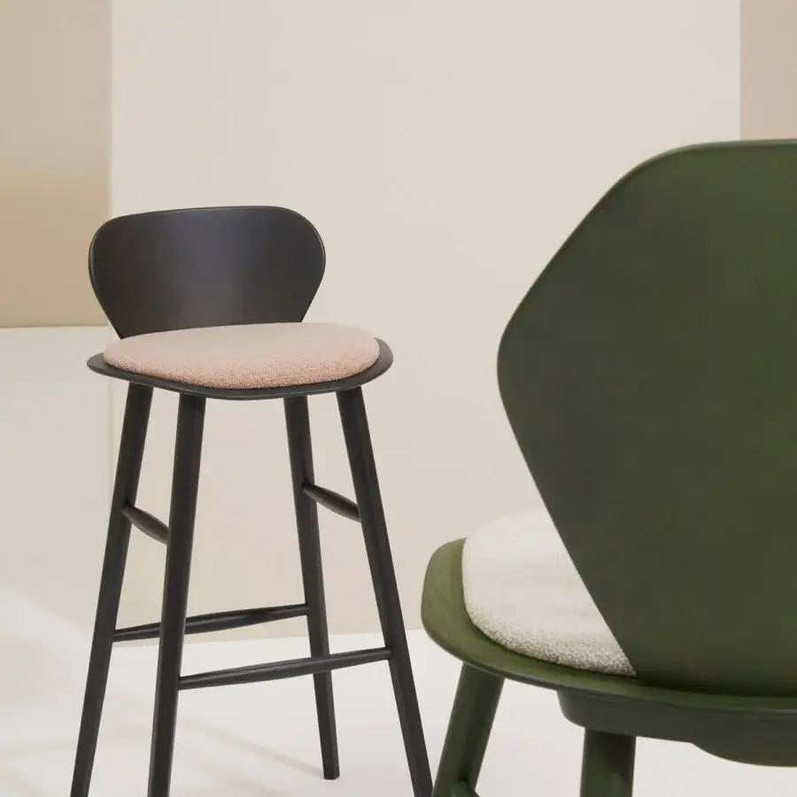Exceptional Billiani Edelweiss bar stool crafted in thin plywood with a dark matte finish and light beige textile upholstery