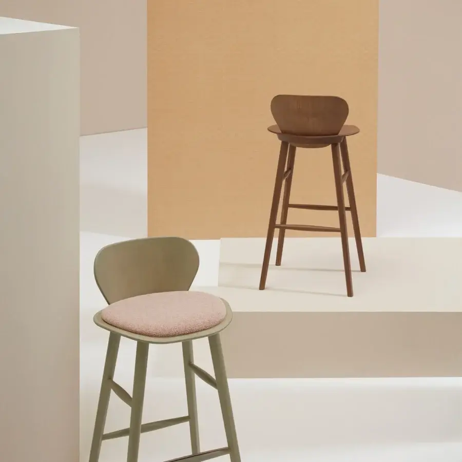 Superior Billiani Edelweiss bar stool crafted in light green plywood with a pale rose upholstered seat and satin sheen