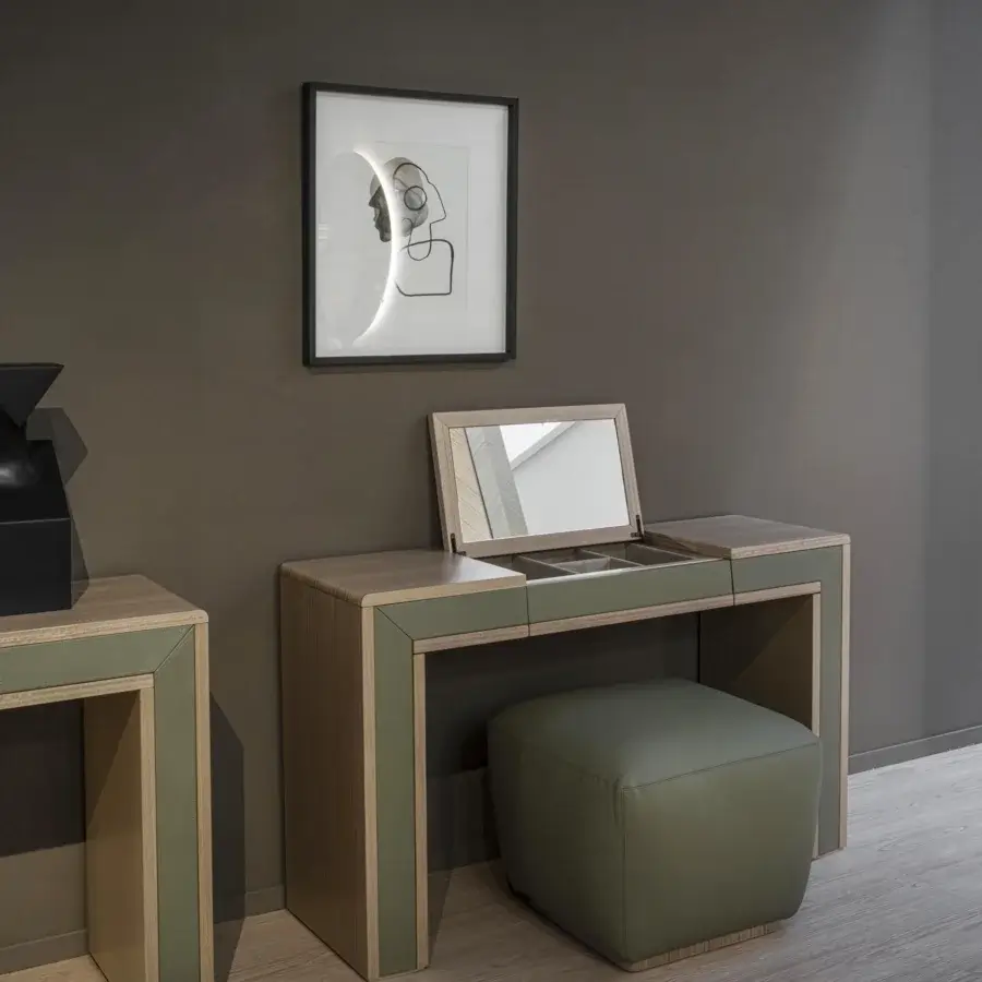 Distinguished Carpanelli Galileo Lux vanity in muted green with wood and leather, showcasing a satin finish