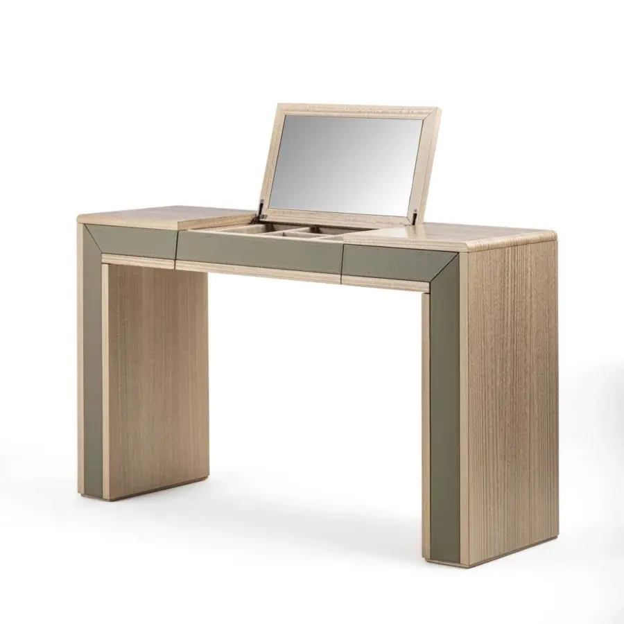 Distinguished Carpanelli Galileo Lux vanity crafted in Italy with olive green panels and satin beige-brown wood finish