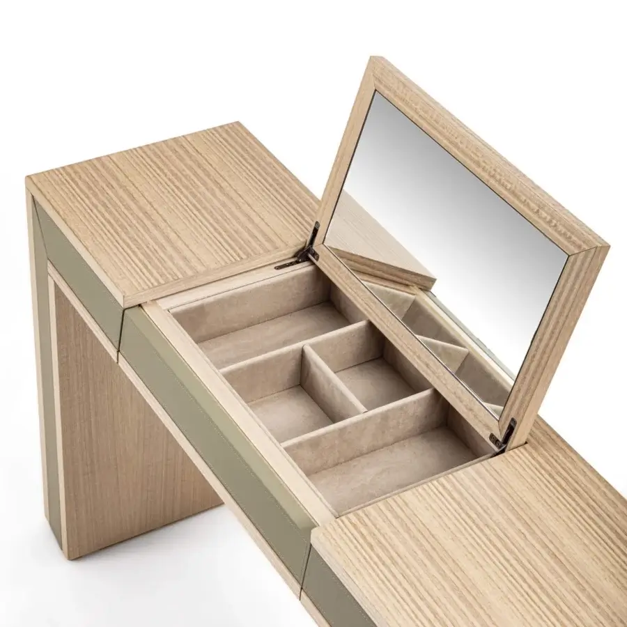 Elegant Carpanelli Galileo Lux vanity in warm beige with satin wood grain and subtle olive-green accents crafted with integrated storage