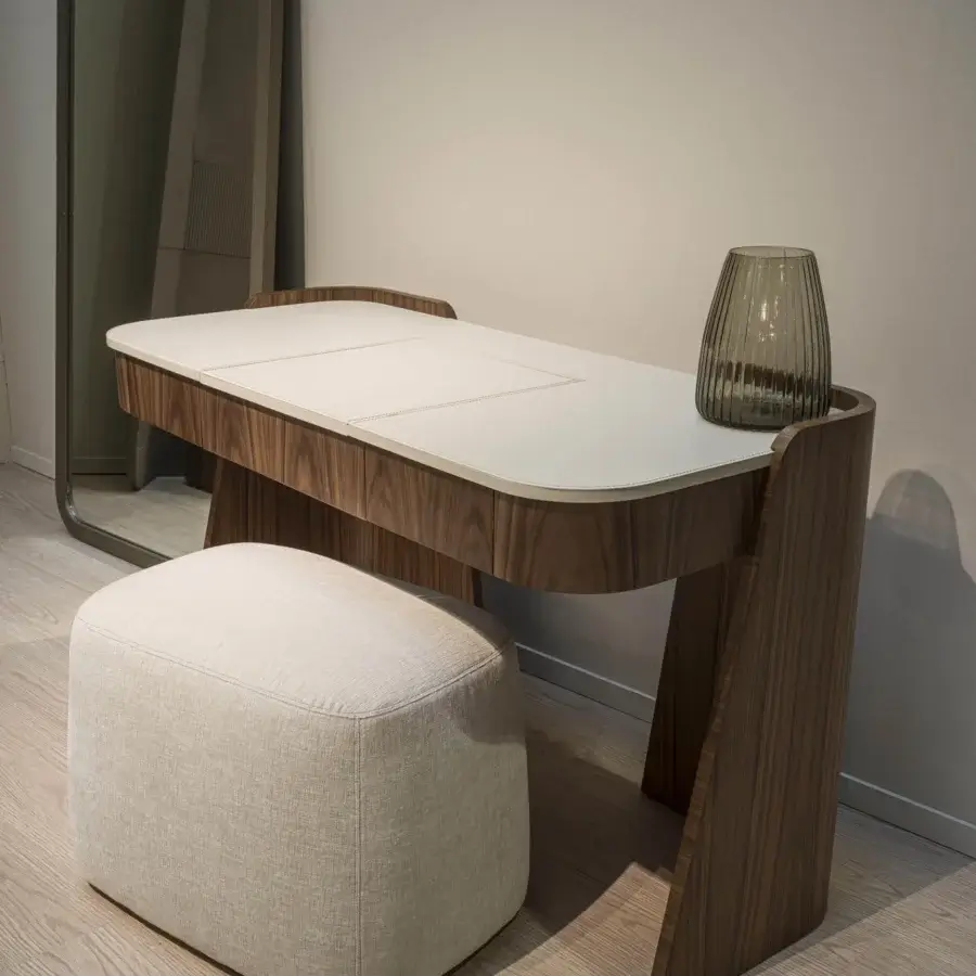 Distinguished Carpanelli Shape vanity with a refined wooden structure and luxurious leather top in a medium-dark brown finish
