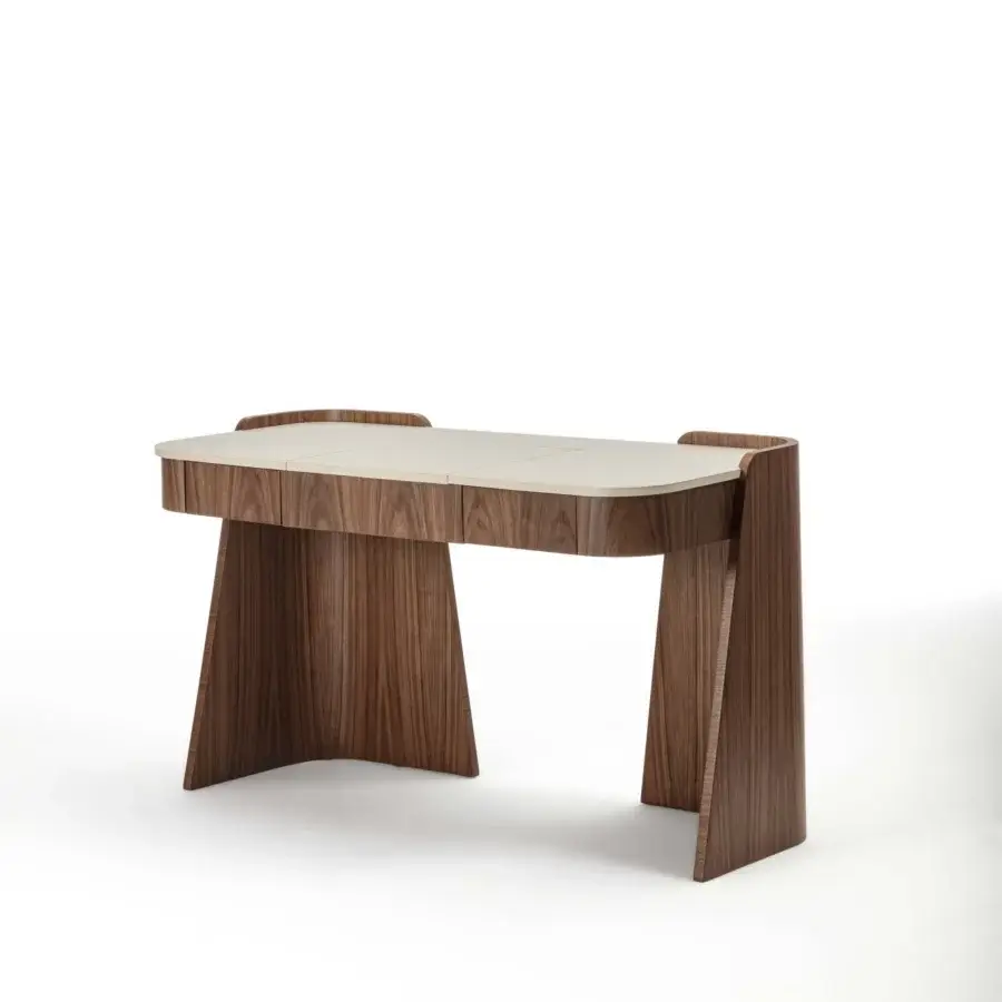 Exceptional Carpanelli Shape vanity crafted with wood and leather, exhibiting a satin finish and geometric silhouette