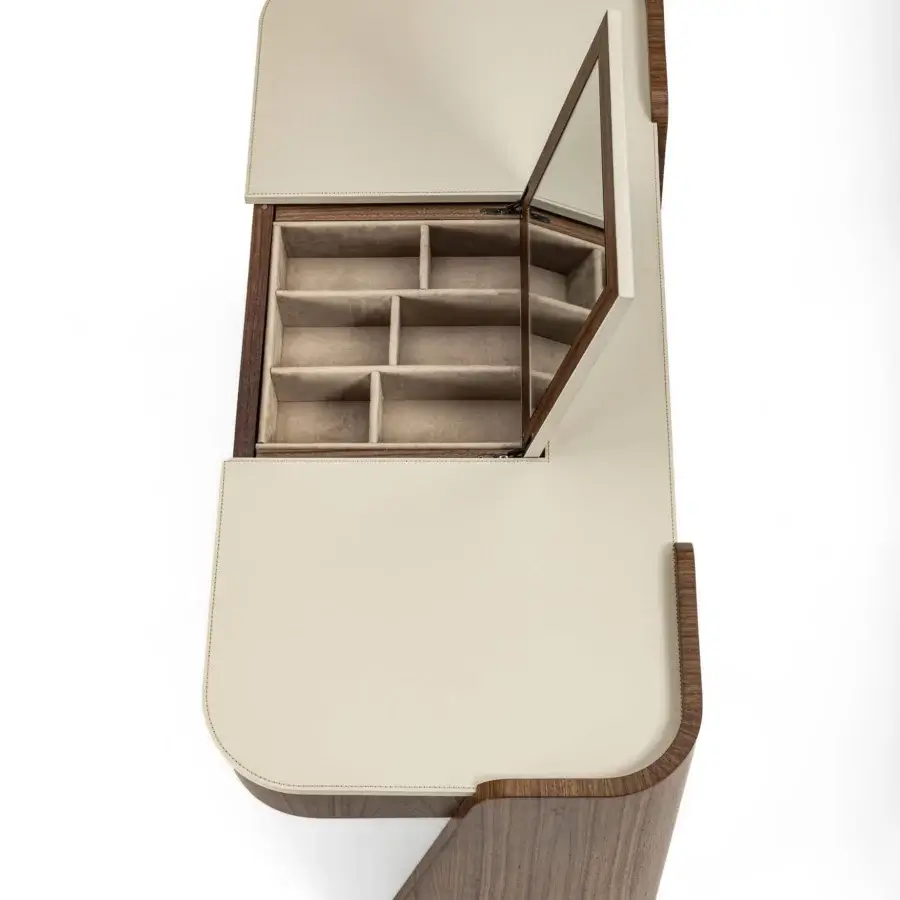 Refined Carpanelli Shape vanity crafted with walnut-toned wood and neutral beige leather, exhibiting an angled base and integrated mirror