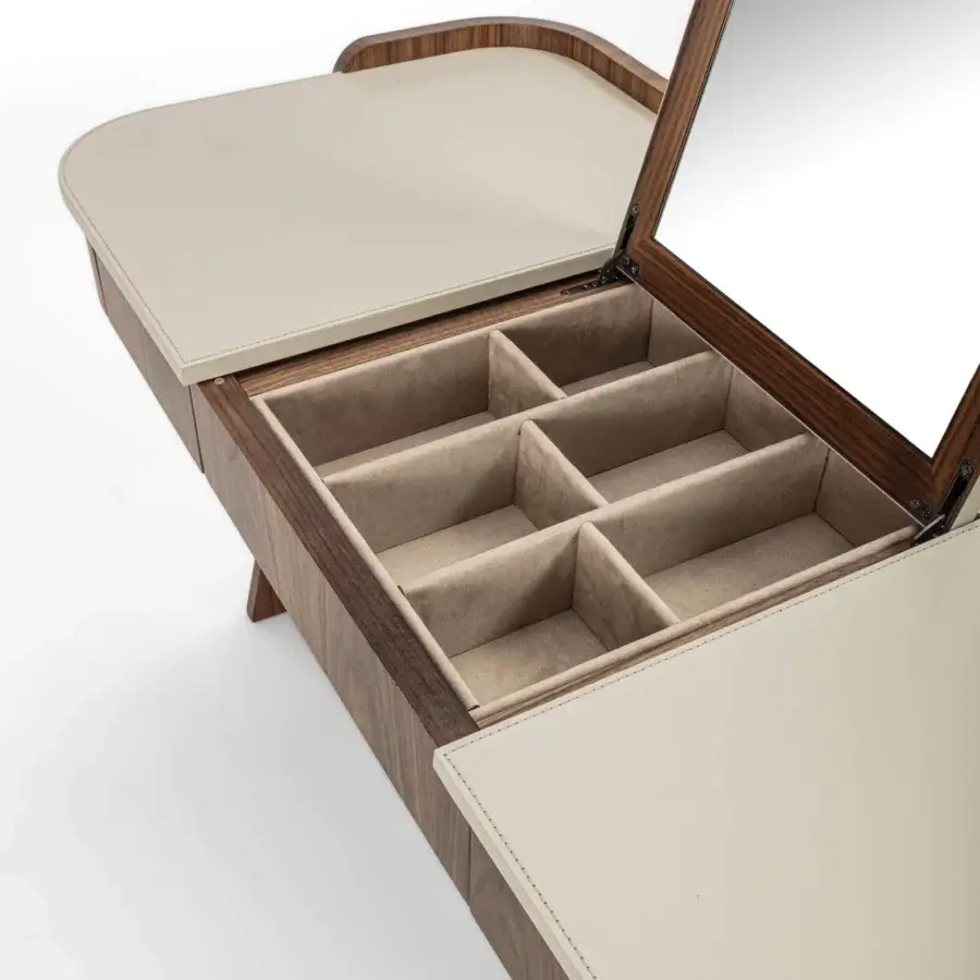 Superior Carpanelli Shape vanity built with dark brown wood and cream leather, showcasing a curved silhouette with hidden storage