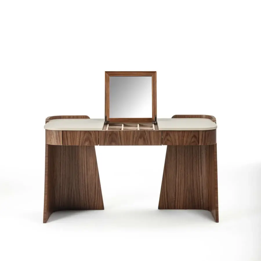 Distinguished Carpanelli Shape vanity crafted with medium-dark wood and a luxurious leather top in a satin finish