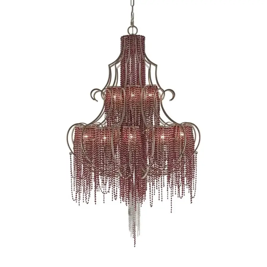 Exceptional Patrizia Garganti Burlesque Wave chandelier in burgundy beads with a silver-toned metal frame, handcrafted in Italy