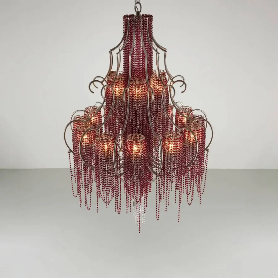 Superior Patrizia Garganti Burlesque Wave chandelier in saturated red beads with a dark-toned metal framework and textured matte finish