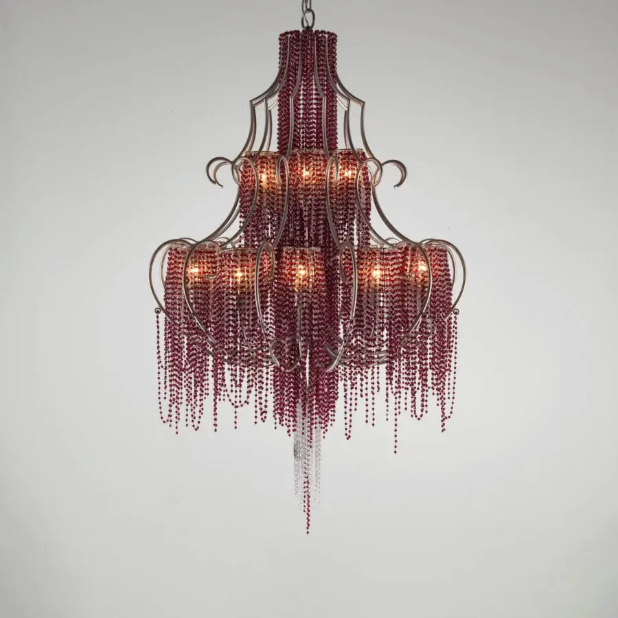 Distinguished Patrizia Garganti Burlesque Wave chandelier in reddish-purple beads with an antique bronze metal frame crafted in Italy