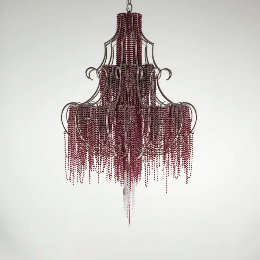 Exquisite Patrizia Garganti Burlesque Wave chandelier in burgundy beads with a darkened metal frame crafted in Italy