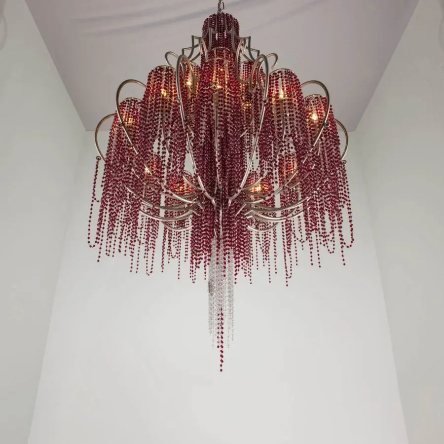 Captivating Patrizia Garganti Burlesque Wave chandelier in ruby red beads with a satin-finished metal frame
