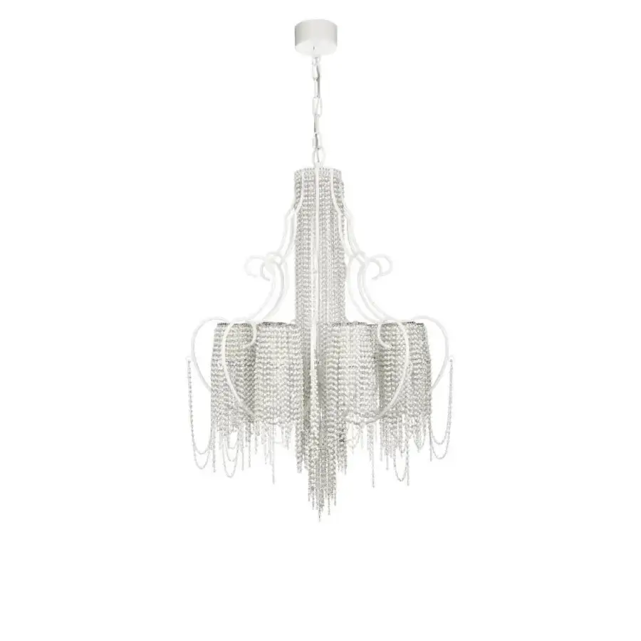 Superior Patrizia Garganti Burlesque Wave chandelier with silvery-grey chains draped over a bright white metal frame