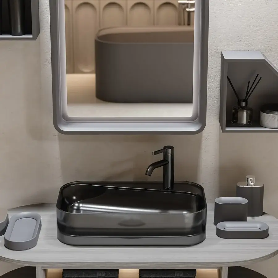Distinguished Norah Design ANBA 02 washbasin crafted in Norahcrystal with a deep black finish and softened edges