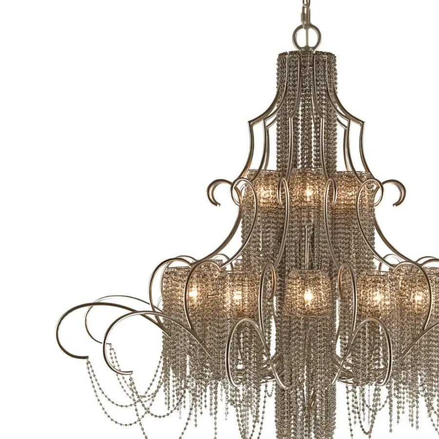 Exquisite Patrizia Garganti Burlesque Wave chandelier with cascading pearl-like strands and antique gold-toned metal frame