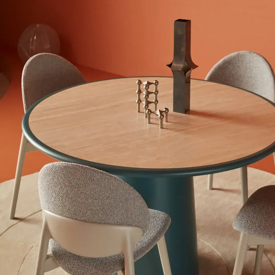 Elegant Billiani Corolla dining table with a light natural wood tabletop and striking teal matte pedestal base