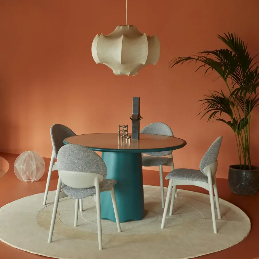 Superior Billiani Corolla dining table crafted in muted teal with satin finish and balanced pedestal base