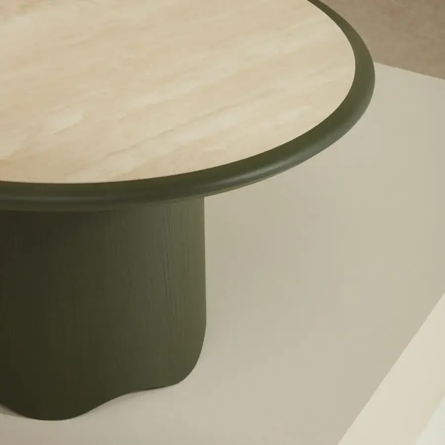 Distinguished Billiani Corolla dining table with polished stone tabletop and sculpted matte olive-green base exemplifying Italian craftsmanship
