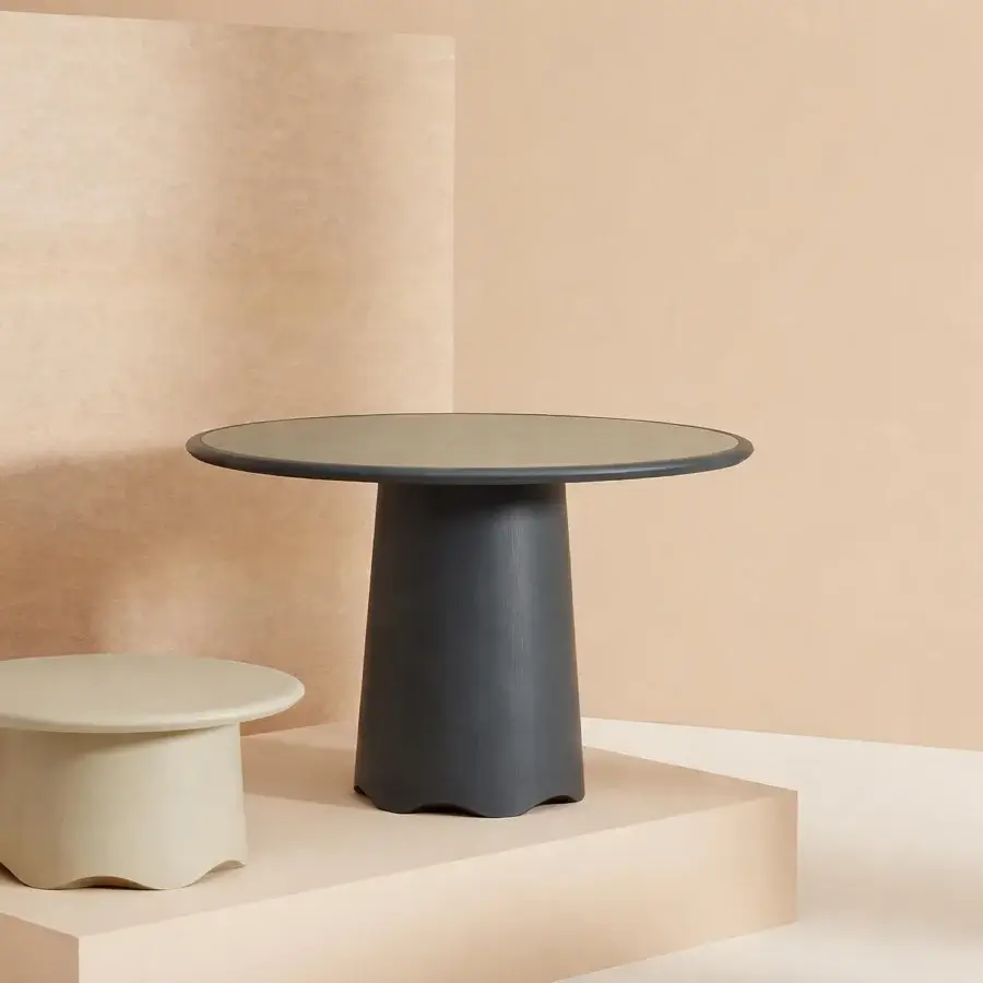 Distinctive Billiani Corolla dining table crafted in worked wood with dark gray matte finish and flared conical base