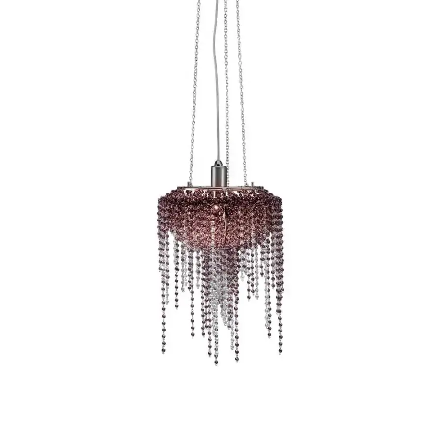 Superior Patrizia Garganti Burlesque suspension lamp with cascading glossy plum-colored beads and cylindrical form crafted in Italy