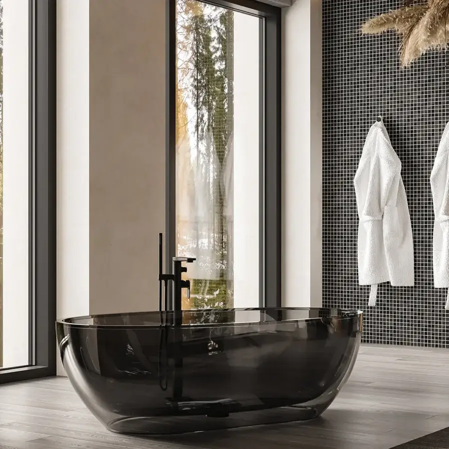Superior Norah Design EYBT 05 bathtub sculpted in Norahcrystal with a dark glossy finish creating a seamless monolithic form