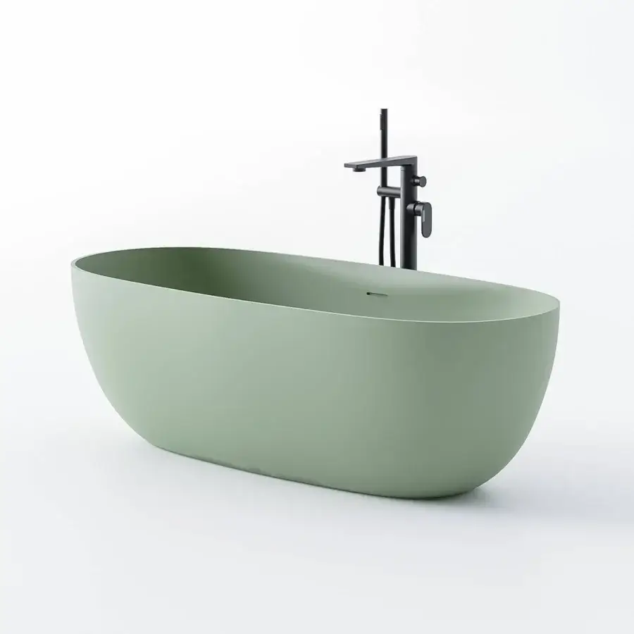 Distinguished Norah Design EYBT 01-02-03-04 bathtub crafted in sage green Norahcryl with a silk-like matte finish and included matte black fixture