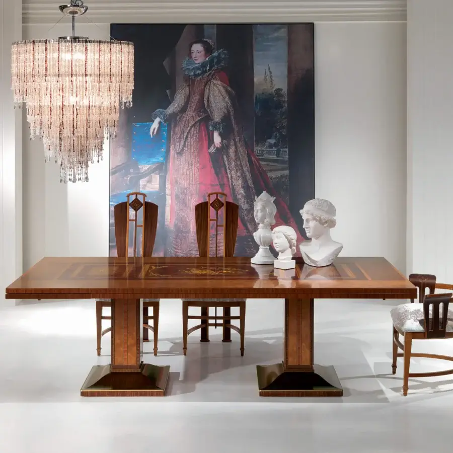 Distinguished Carpanelli Le Luci Della Ribalta extendable table with warm brown wood and ecological inlay in satin finish