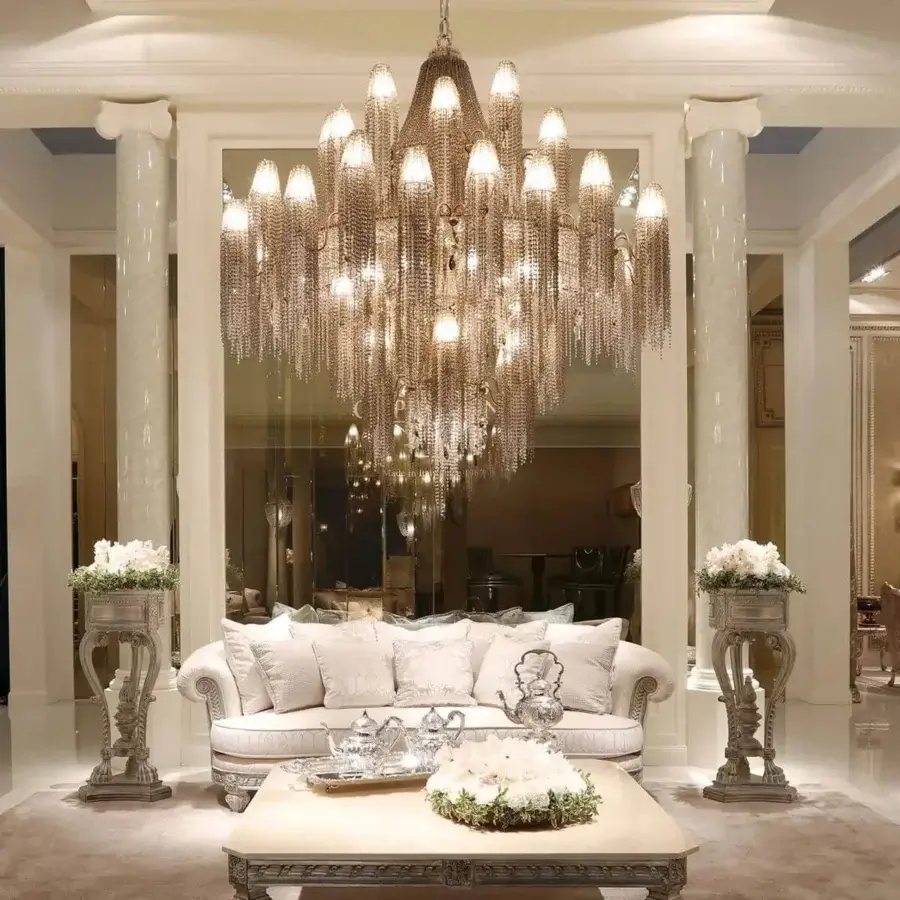 Superior Patrizia Garganti Burlesque EX XL chandelier with cascading pearls and fifty-five lights in nuanced cream tones