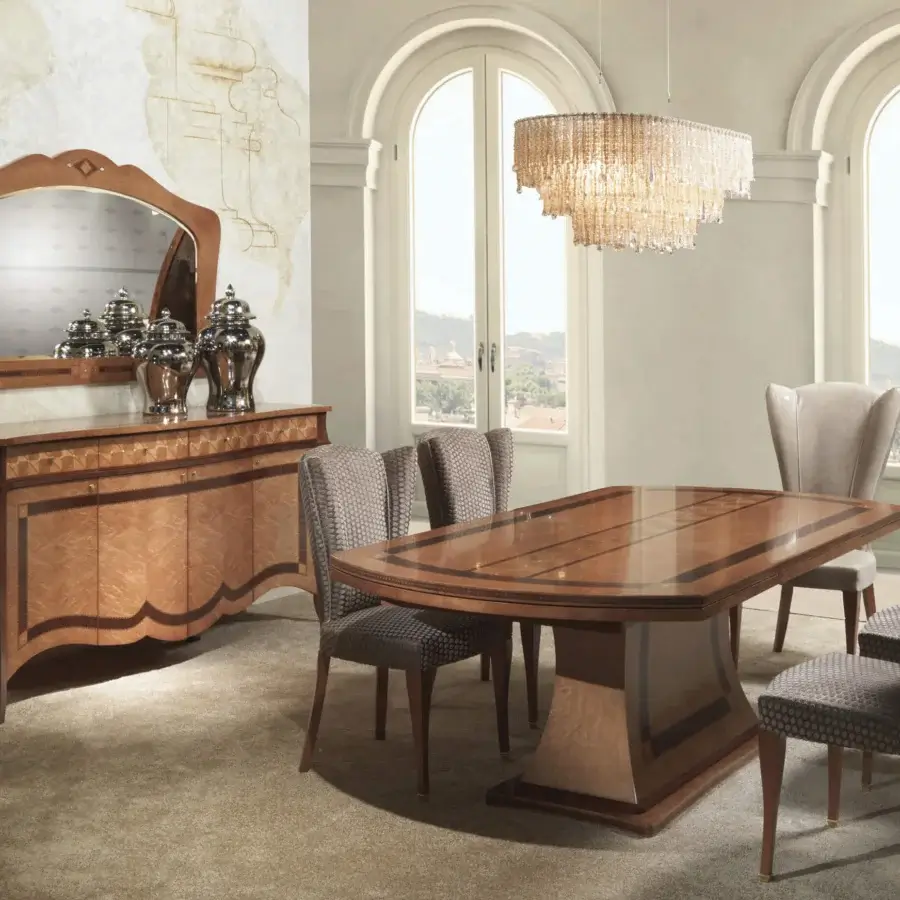 Exceptional Carpanelli Charme table built in medium-brown wood with lighter grain details and dark perimeter, finished with satin sheen
