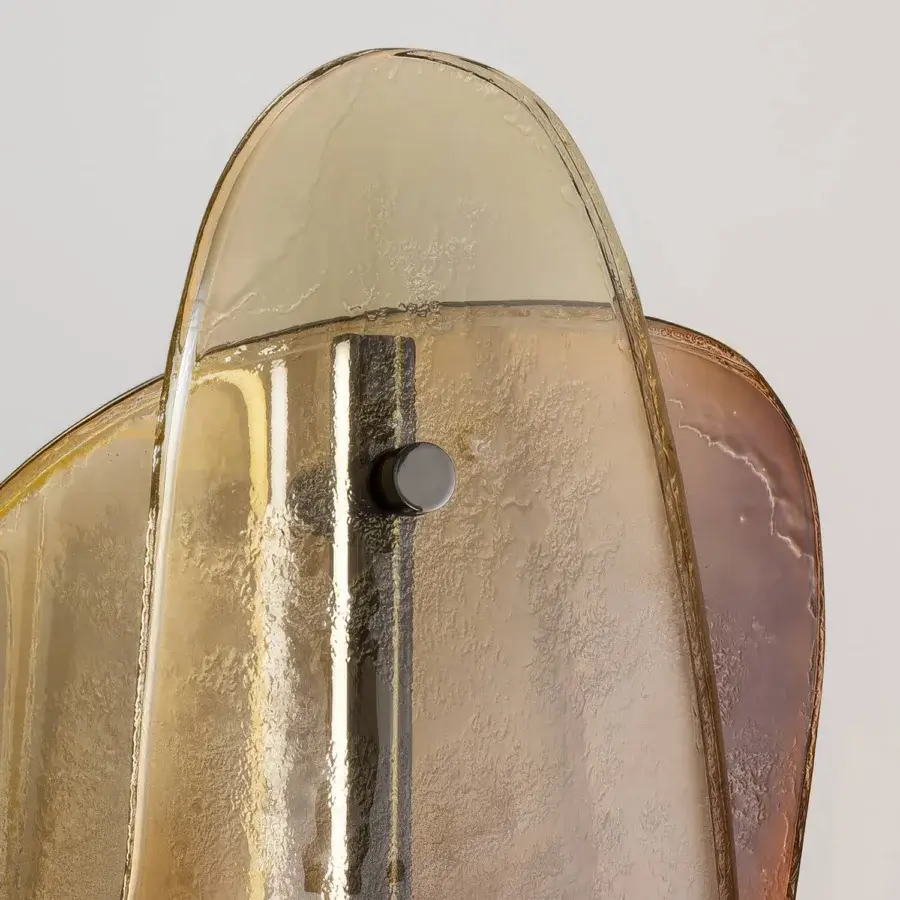 Distinguished Arte Veneziana Sfogeto floor lamp built with warm bronze and yellow ochre baked glass in polished black nickel structure