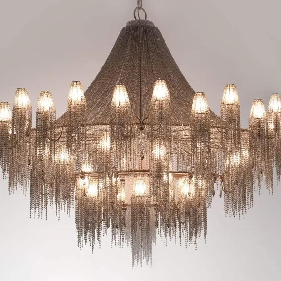 Lavish Patrizia Garganti Burlesque EX XL chandelier with cascading glass beads and silvery-grey finish crafted in Italy