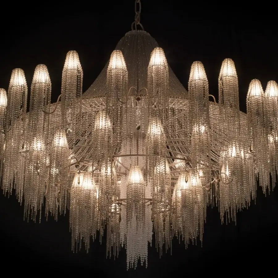 Superior Patrizia Garganti Burlesque EX XL chandelier crafted with clear glass crystals and a light-colored metallic frame