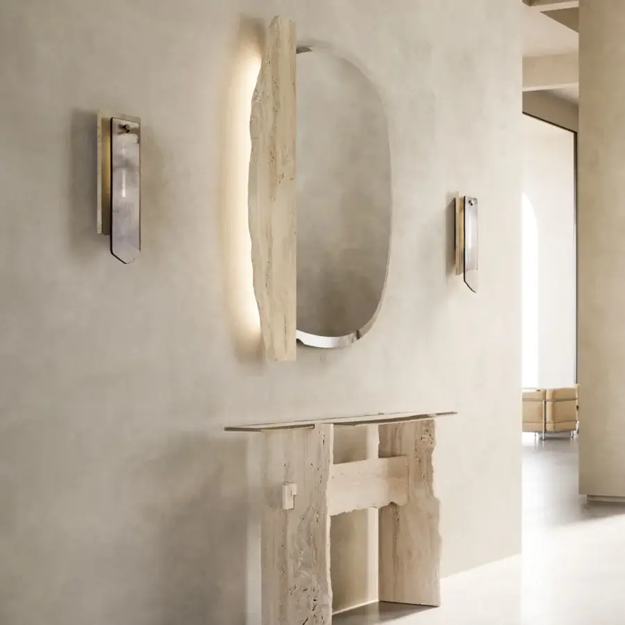 Architectural Arte Veneziana Sabina wall lamp crafted with travertine marble and extra-clear baked glass in warm beige with mixed Fondale finish